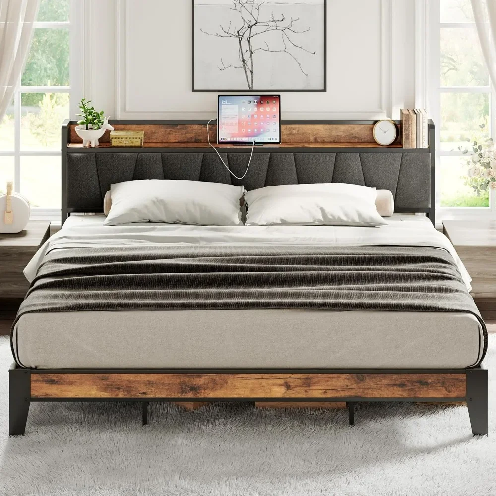 

Bed Frame, Storage Headboard with Charging Station, Solid and Stable, Noise Free, No Box Spring Needed