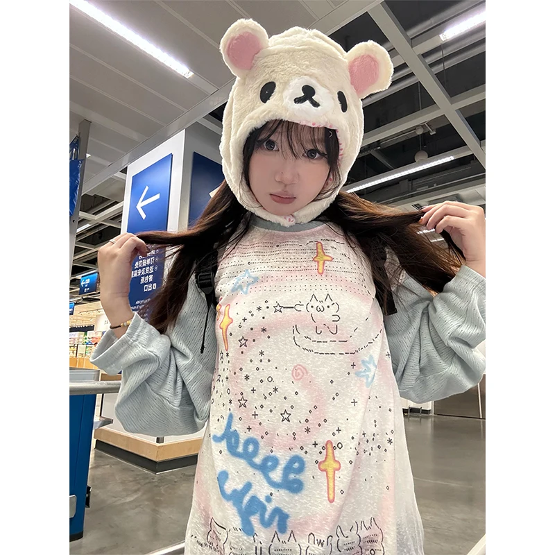 

Harajuku Y2k Эстетическая лоскутная женская футболка Kawaii с мультяшным принтом, винтажные повседневные футболки 2025, свободная футболка в стиле гранж Femme