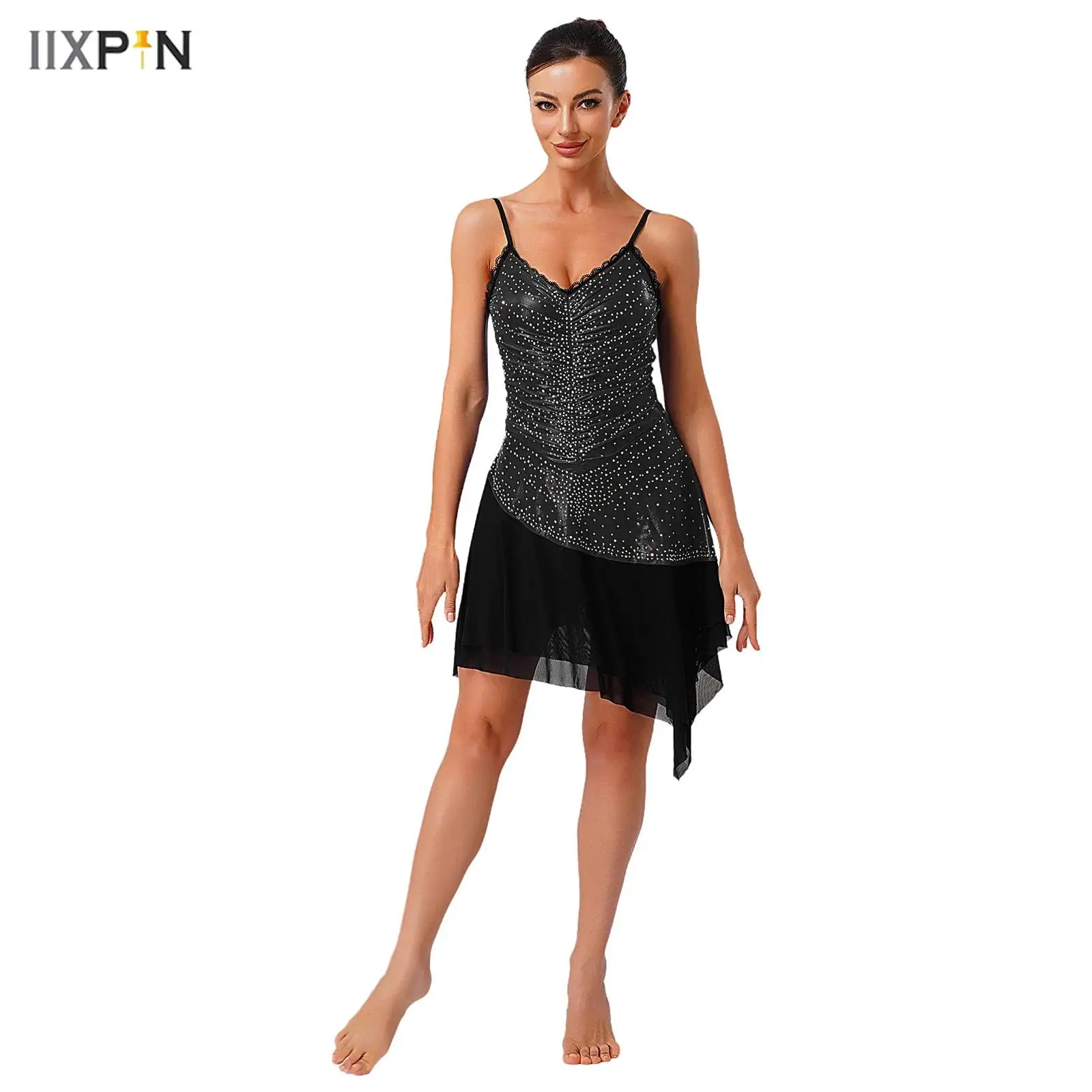 

Womens Latin Lyrical Dance Dress Metallic Shiny Mesh Rhinestones Ruched Tiered Hem Contrast Color Sling Dress for Figure Skating