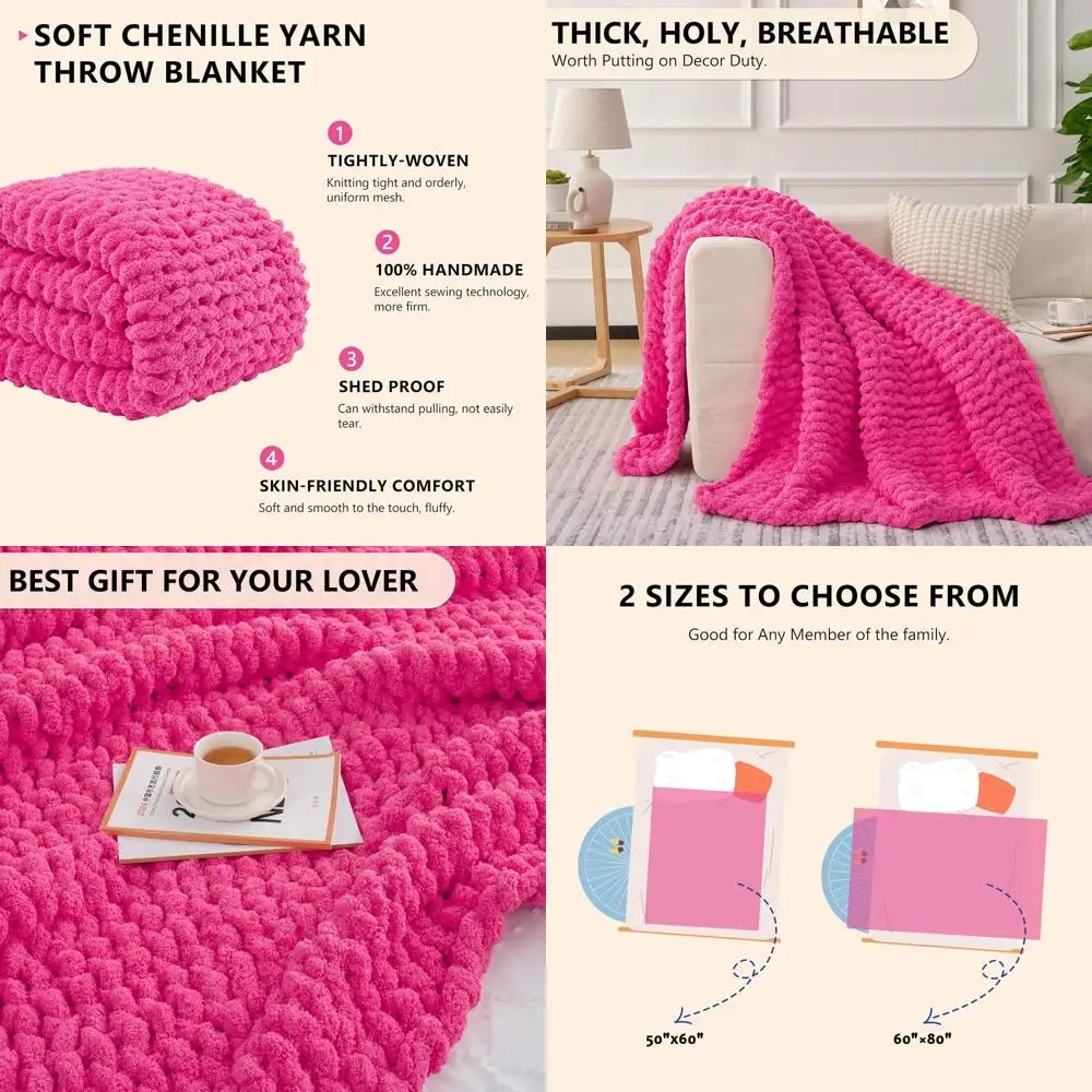 

Handcrafted 50x60 Plush Cable Knit Chenille Throw Blanket - Large Hot Pink for Bed, Couch, Home Decor