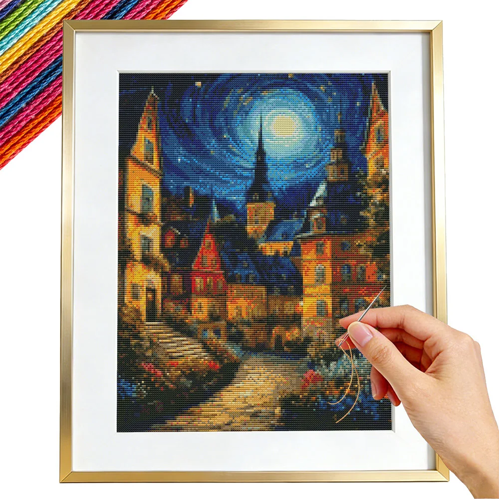 Patrones de Punto de Cruz, Paisaje Urbano, Cielo Estrellado, Bordado a Mano, Guía de Costura 11CT para Principiantes, Decoración del Hogar