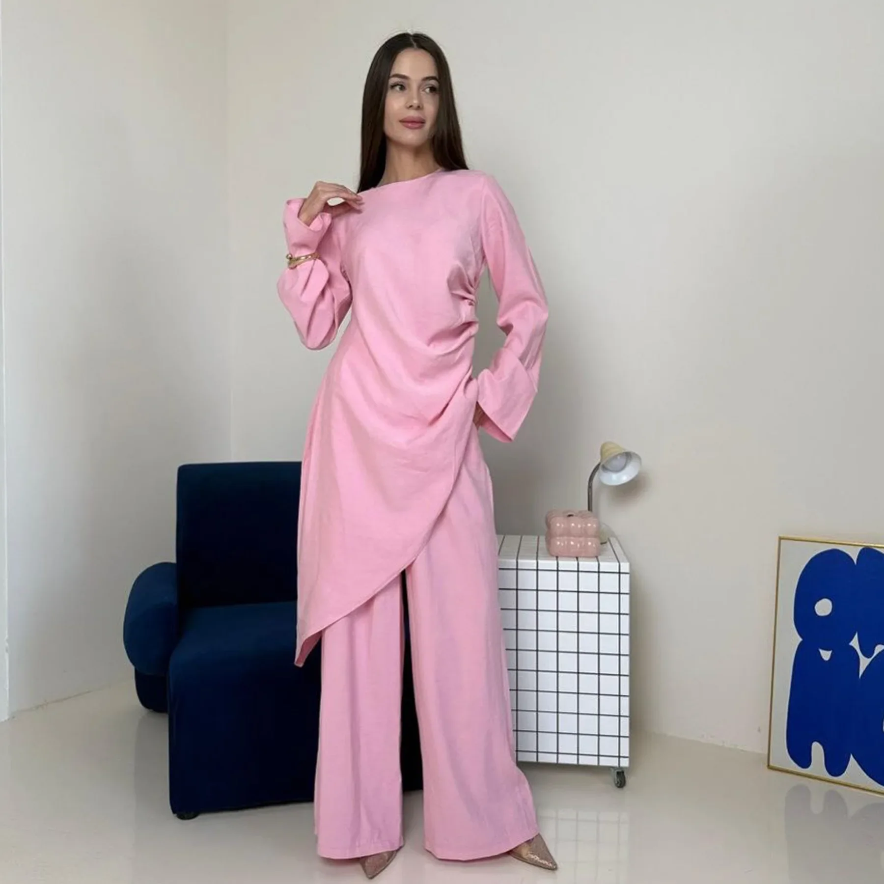

Dubai Middle East Long Top + Pants Two Piece Set Muslim Women Islam Clothing Turkey Kaftan Abaya Tracksuit Femme Musulmane Suit