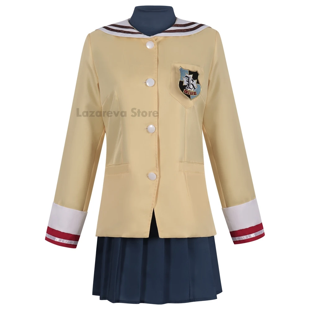 Nagisa Furukawa Clannad Anime Fujibayashi Kyou Sakagami Tomoyo Cosplay Costume Embroidery School Uniform Skirt T-shirt Breastpin