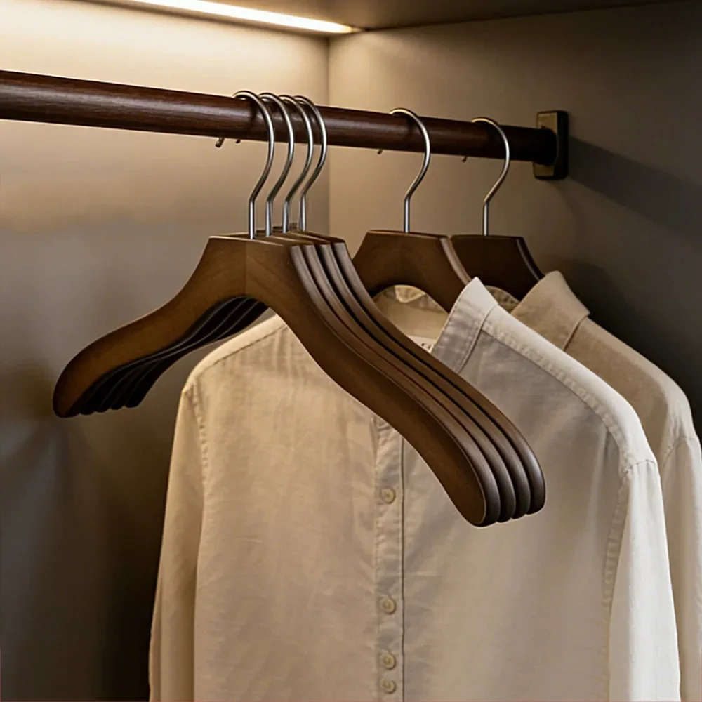 6Pcs Walnut Wood Hangers Anti-slip Flocked Trouser Hangers With Metal Clips For Wardrobe Pants Skirt Storage