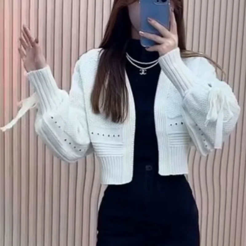 

Bow tie cardigan with short sweater women autumn 2023 loose fitting coat with long sleeved knitted sweater cardigan female tops