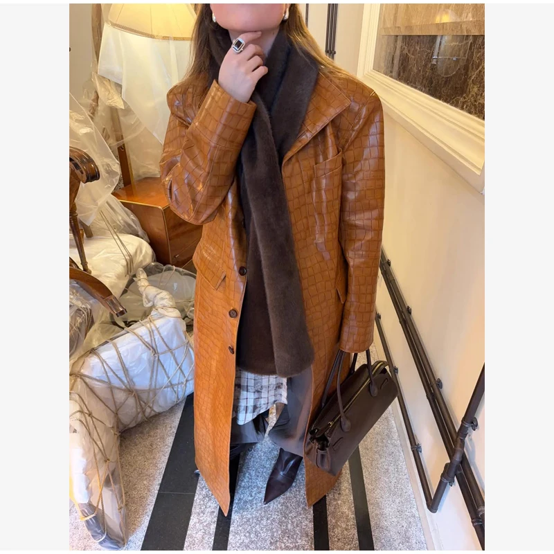 Crocodile Embossed Faux Leather Long Jackets Chic Wide Lapel Belted Waist Quarter Sleeve Loose Coat Women Street Chic Outfits