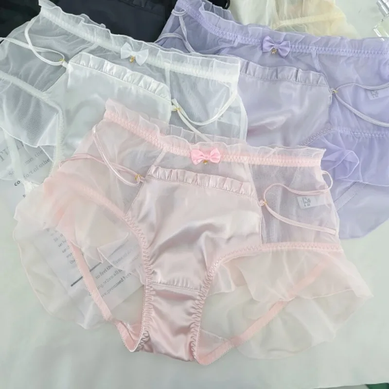 3XL Plus Size Sexy Seductive Sheer Mesh Satin Women's Panties Cute High-Waist Briefs Ruffled Lace Trim Stretch Thin Underwear