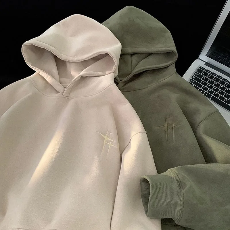 American New Heavy Suede Sweater Men Y2K Street Fashion Trend Harajuku Lazy Wind Loose Padded Embroidered Couple Hooded Coat Top