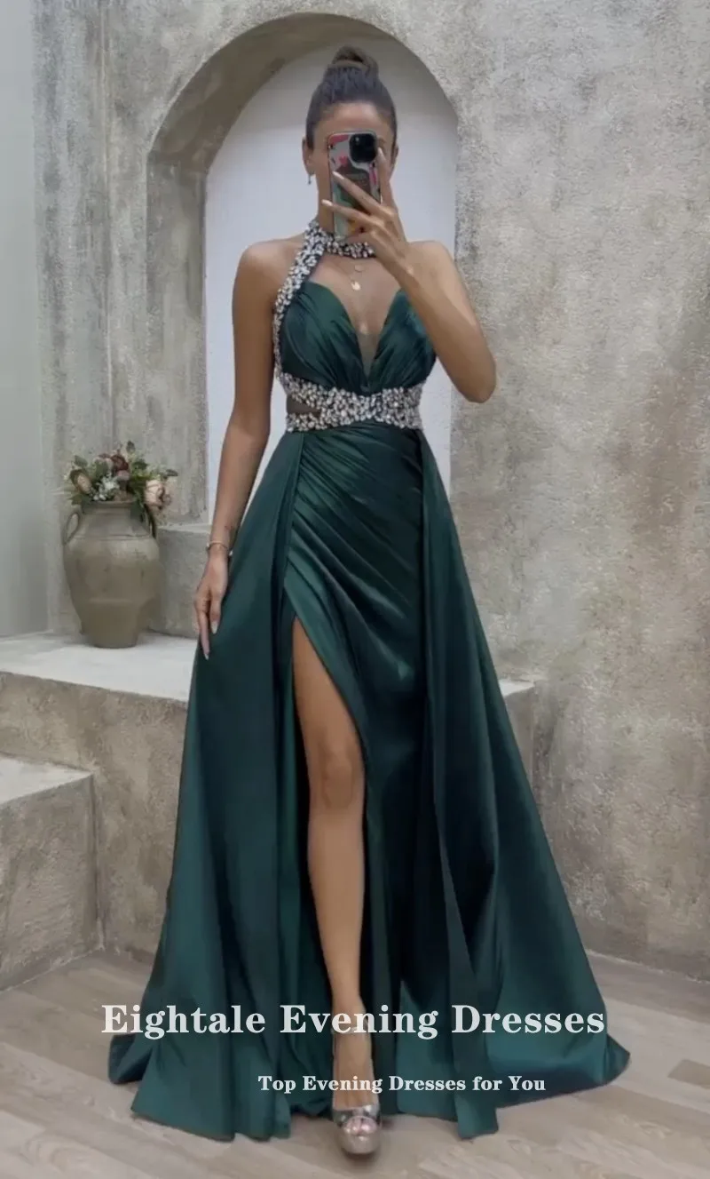 Eightale Dark Green Evening Dress Satin Halter Beaded with Crystals Formal Arabic Prom Gown Wedding Party Dress Vestidos De Noch