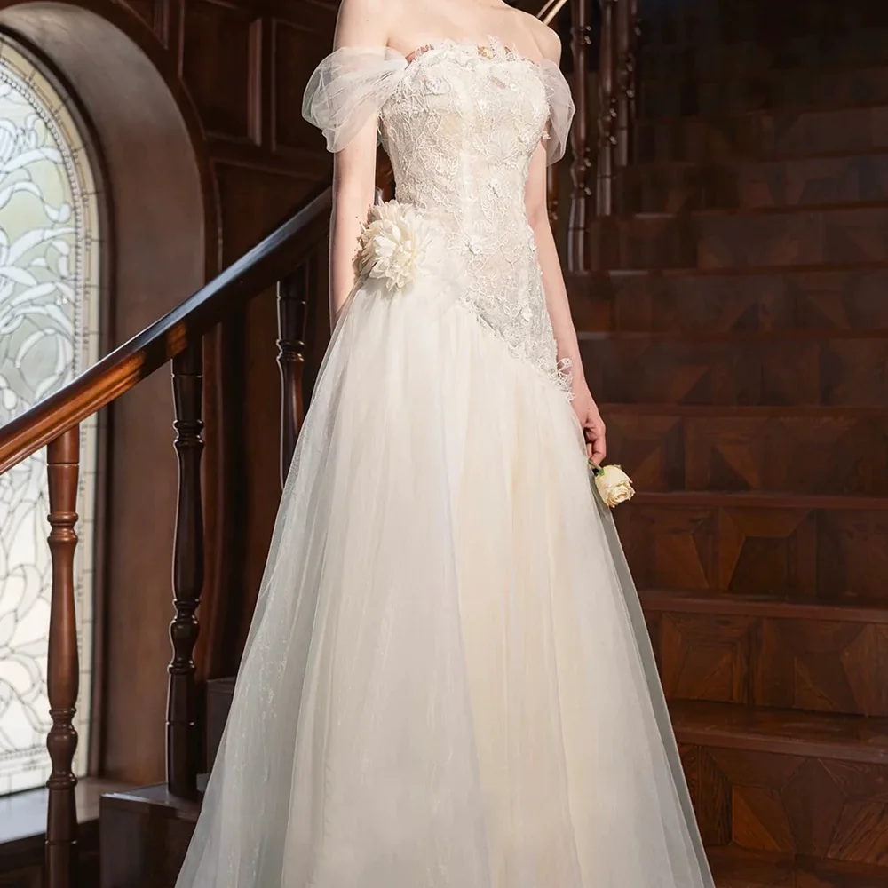 Classic Off Shoulder Appliquins Sleeveless Pleat A-Line Bride Wedding Dresses Bridal Gowns Customized