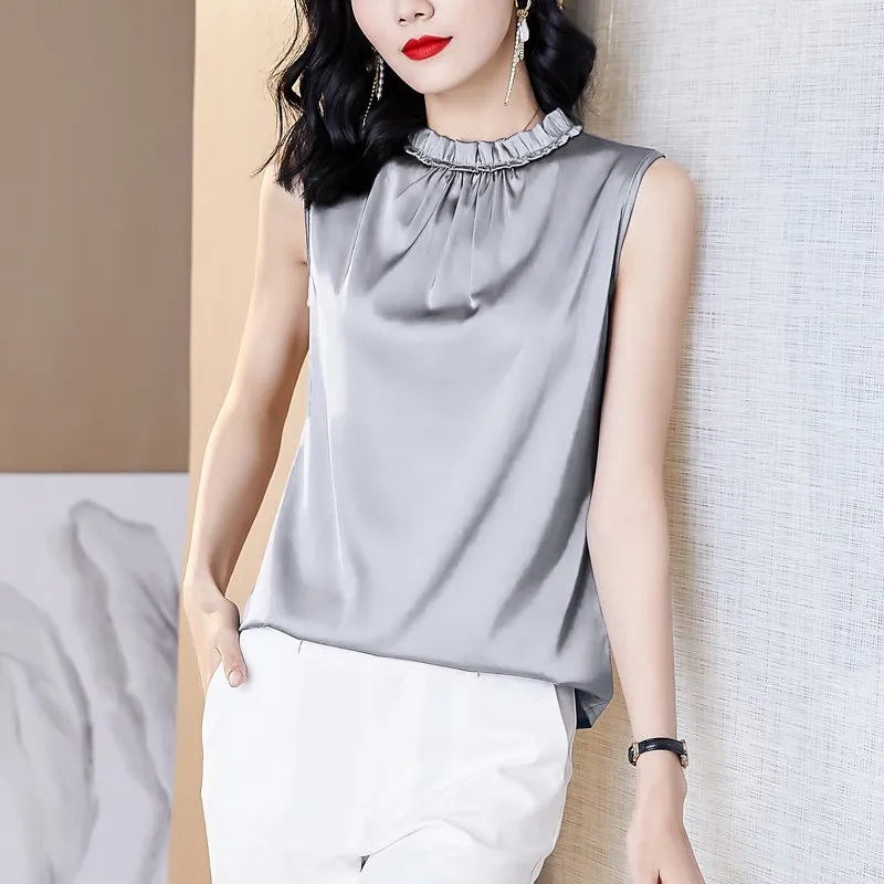 Korean sweet elegant versatile ice silk shirts Plus size lotus leaf collar Acetate satin Vest Tops office lady chiffon tanks