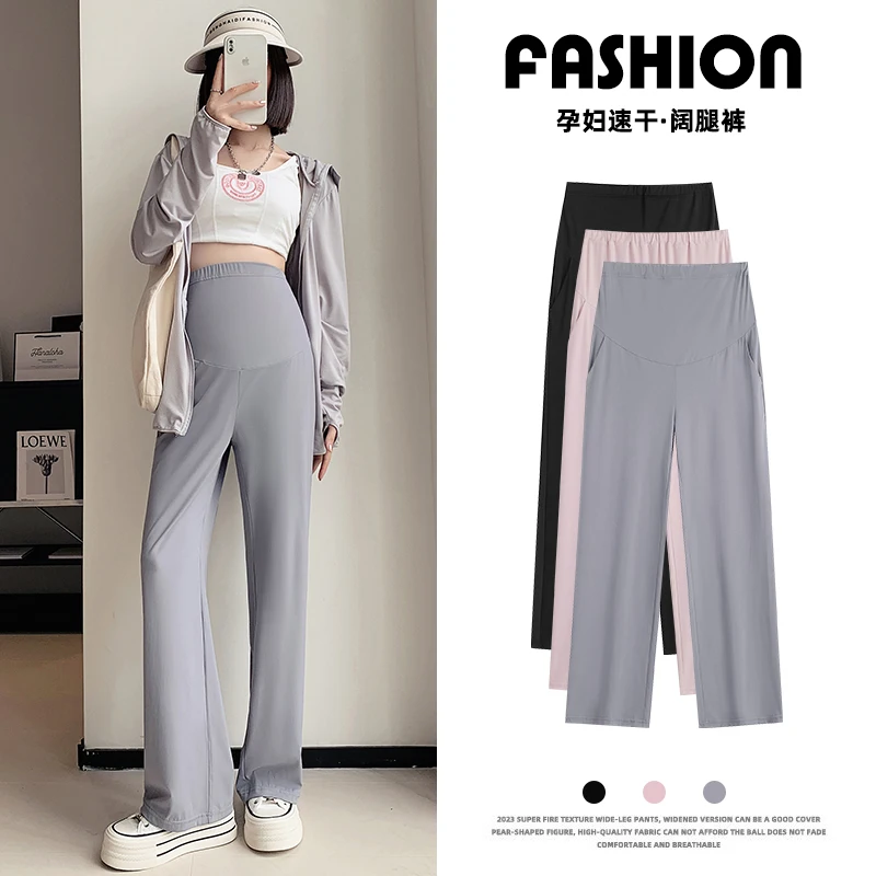 

Ice Cool Maternity Full Long Pants Summer Casual Wide Leg Loose Straight Belly Clothes for Pregnant Women Pregnancy Trousers