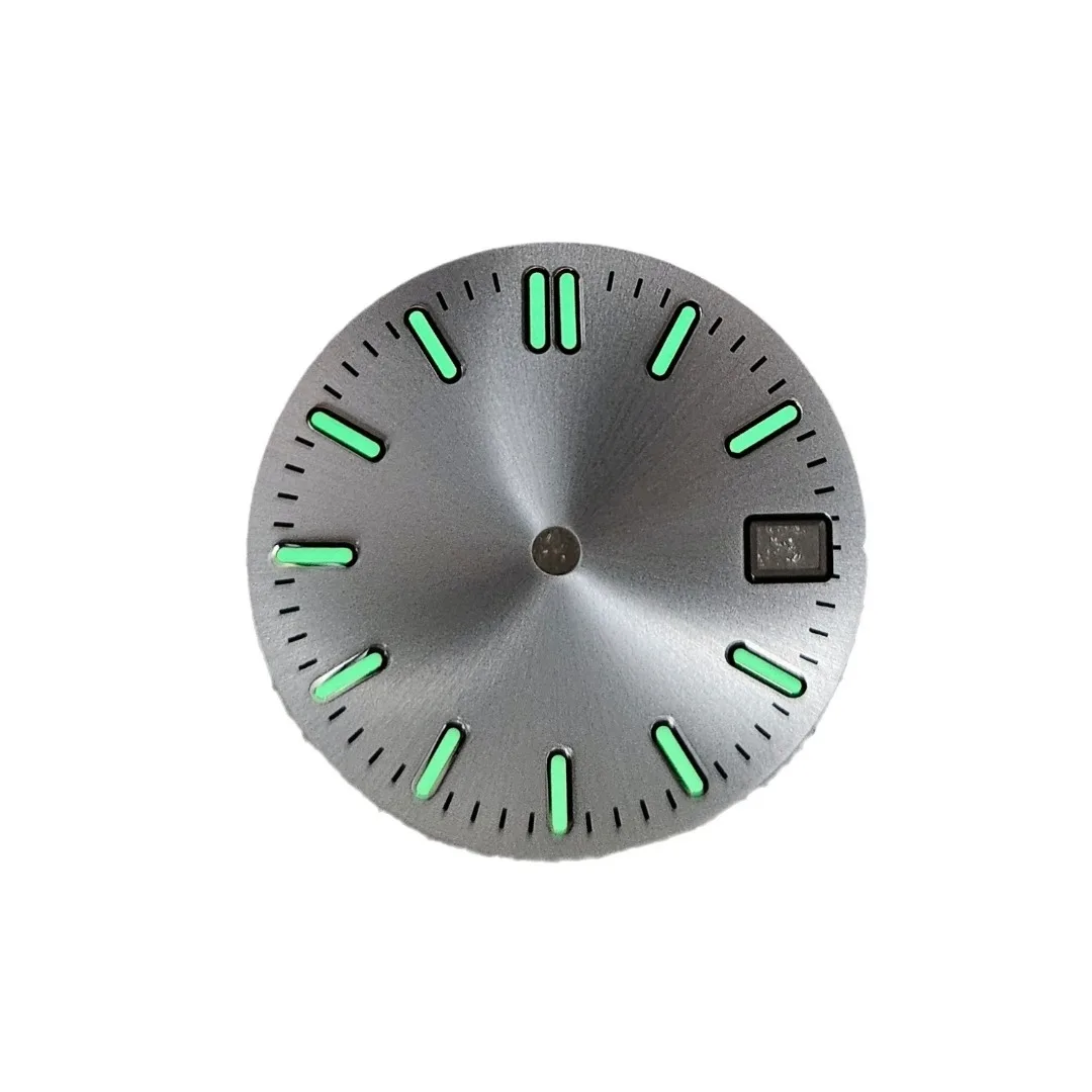 Esfera de reloj de 28,5mm con textura Sunburst, caras de reloj con calendario de fecha única, accesorios de reloj luminosos verdes para movimientos NH35/NH36