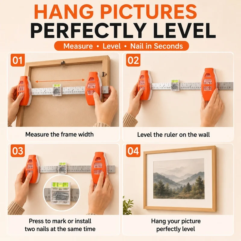 Picture Hanging Tool Level Ruler, Frame Hanger Nail Positioning Guide with Angle Measure for Wall Art Photos