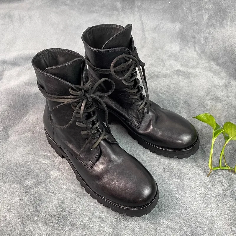 

Handmade Cowhide Motorcycle Boots Premium Genuine Leather Vintage Men Work Shoes Outdoor Hiking Anti-Slip High-Top Boots