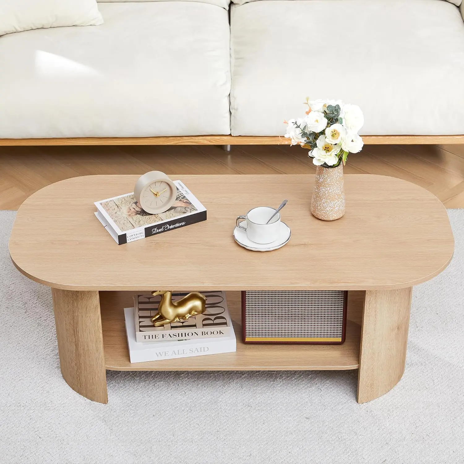 Oval Wood Coffee Table 43.3" 2-Tier Storage Shelf for Living Room Small Space Home Office, Customized