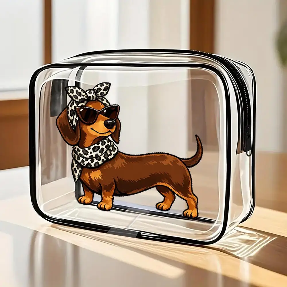 Cosmetic Bag Fashion Glasses & Leopard Print Dachshund Clear PVC Zipper Cosmetic Bag, Playful Stylish Design with Black Trim