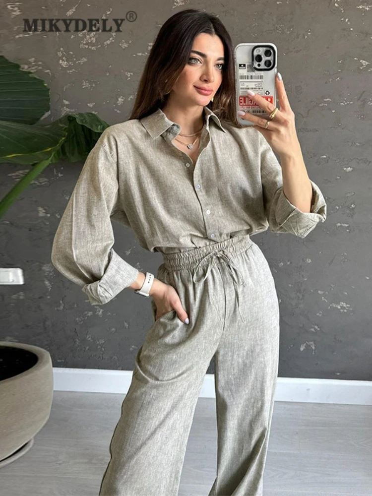 Mikydely Autumn New Foreign Style Solid Color Linen Long-sleeved Shirt High Waist Trousers Casual Suit