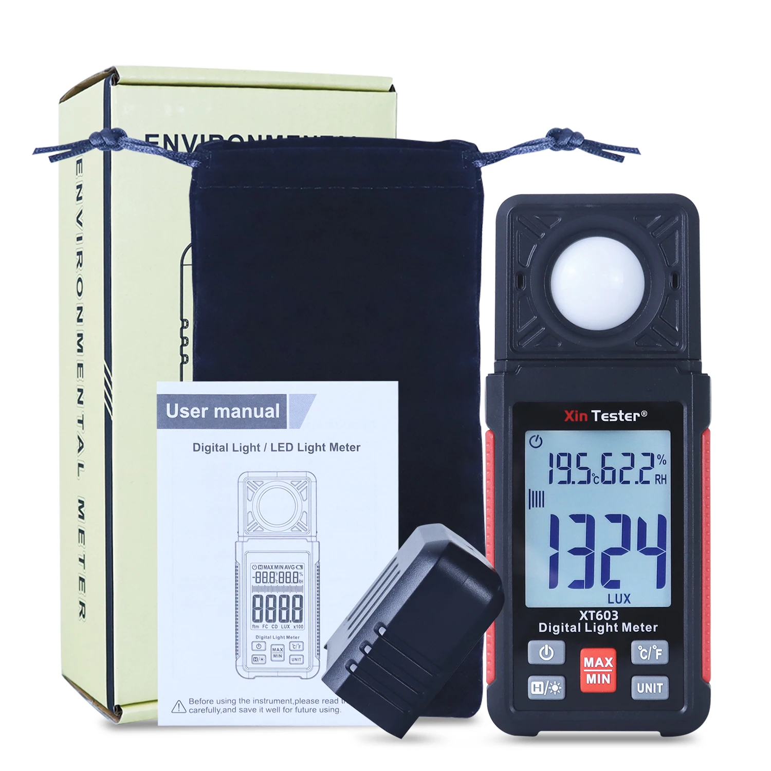 Xin Tester เครื่องวัดแสงลักซ์/เอฟซีเครื่องวัดความสว่าง200,000ดิจิตอลเครื่องมือ Spectrometer พร้อม XT603เครื่องวัดอุณหภูมิความชื้น