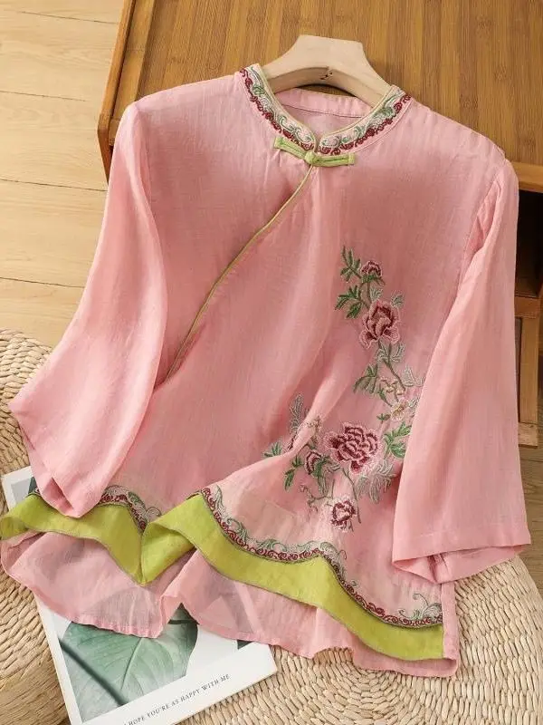 New Chinese Style Reformed  Top Jiangnan Style Summer Cotton Linen Patchwork Shirt Collar Retro National Style Embro...