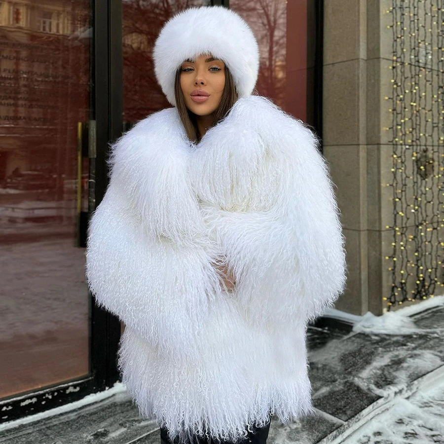 White Mongolian Fur Coat Women Lamb Coats Women Tibetan Lamb Jackets Real Mongolian Fur Jacket