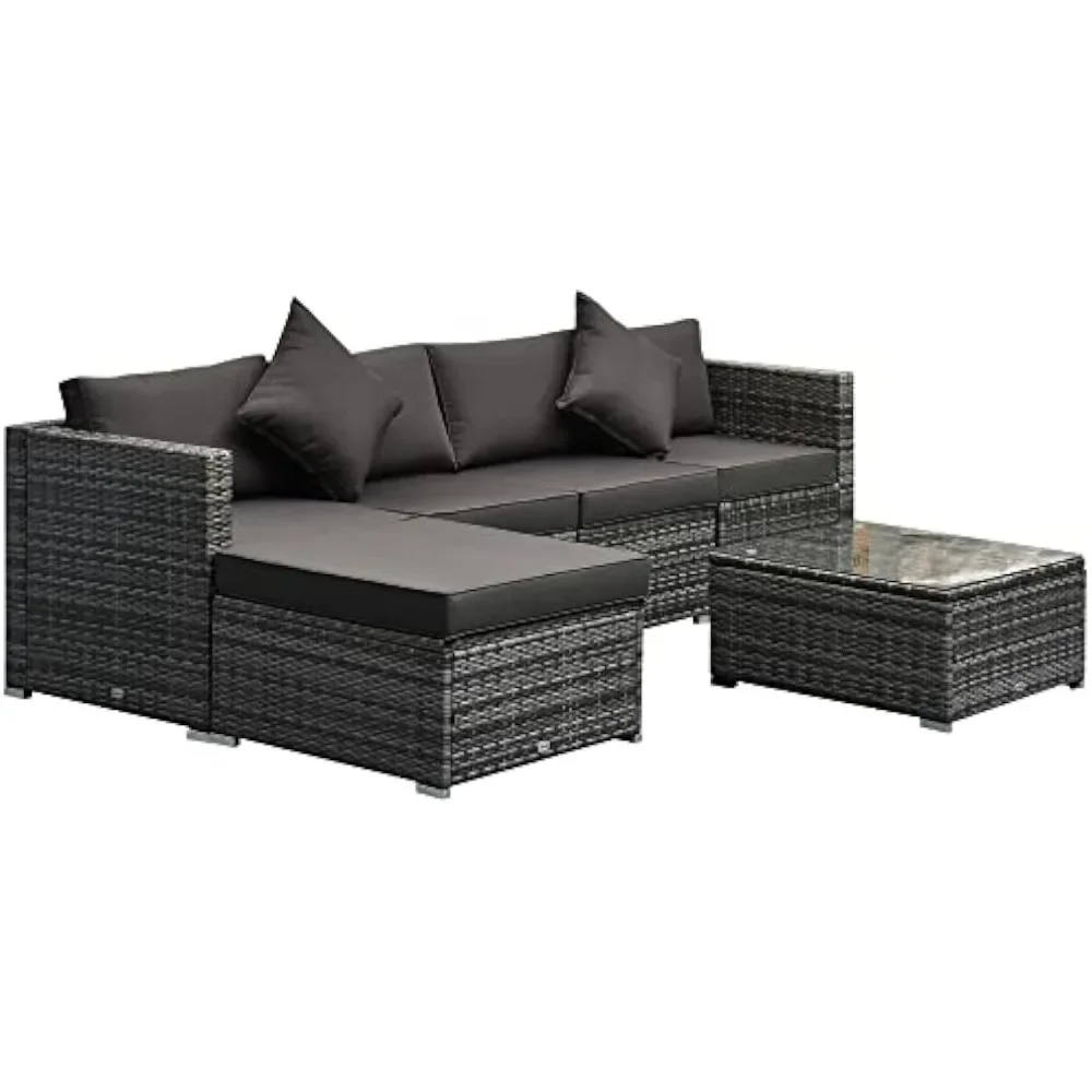 6 Piece Patio Furniture Set  Wicker All Weather PE Rattan Sectional Sofa Set, and Tempered Glass Table,Mixed Gray and Charcoal