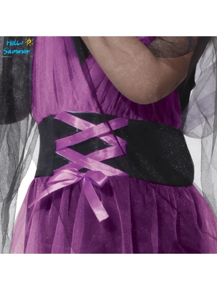 جديد ❤ 2025 هالوين الأرجواني فستان الساحرة مع قبعة مكنسة يتوهم حفلة تنكرية زي تنكري لفتاة الأطفال تأثيري الرقص الاطفال Hol ☆ ☆ ☆