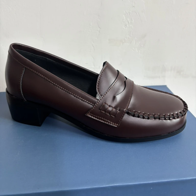 Comfortable Women\'s Flats Loafer Shoes Genuine Leather Casual Big Size 45 Black Brown Oxfords Chunky Shoes Slip On Handmade