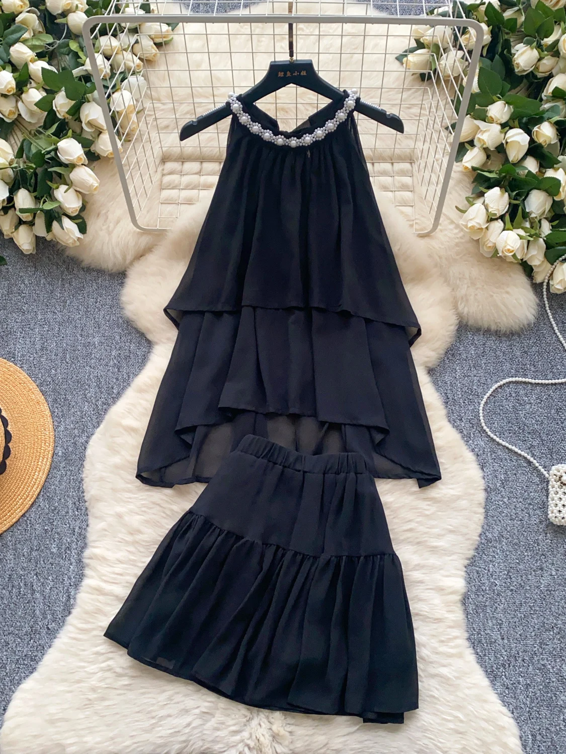 

Летний женский модный комплект Ele, высокая талия, антив, сливная жемчужина, украшенная ожерельем, юбка, ансамбль