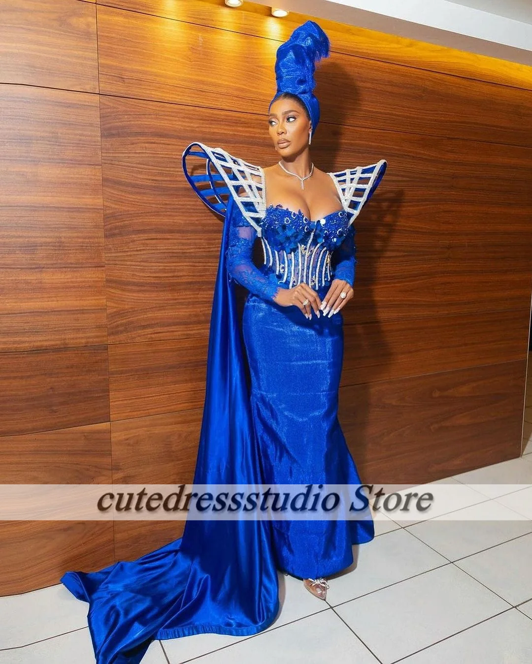 Design Aso Ebi Royal Blue abiti da sera 2025 manica lunga Sweetheart Mermaid Prom Gown perline Ankara Style Wedding Party Dress