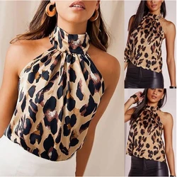 Sexy Off Shoulder Leopard Blouse Chiffon Women Halter Tops Summer 2023 Animal Print Casual Backless Sleeveless Shirts