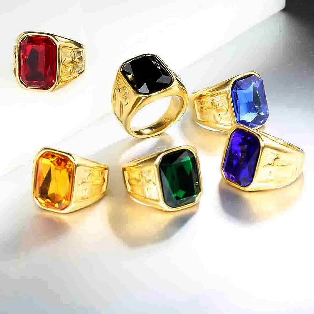 Punk Creative Multi-colored Stone Rings for Men Women Party High Quality Vintage Stainless Steel Cross Ring Jewelry Wholesale