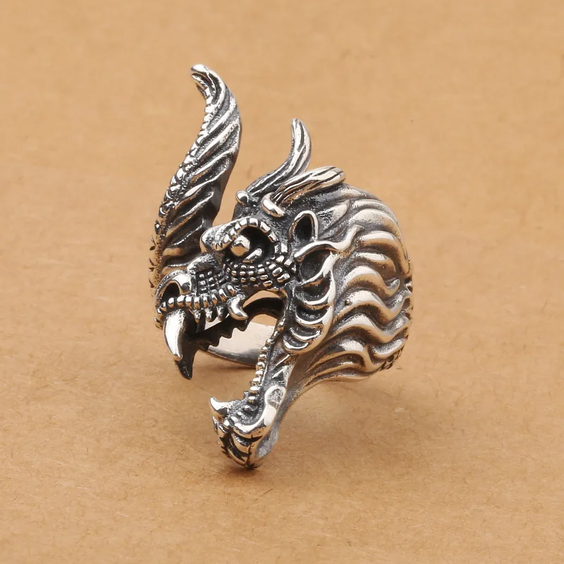 

Manufacturer wholesale S925 pure silver jewelry personalized men's retro Thai silver ring magic dragon open index finger ring