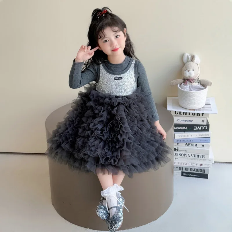 

Dress Fake Two-piece Sequined Dress Grils Children New Autumn Sweet Solid Soft Fashionable Comfortable Casual Cute