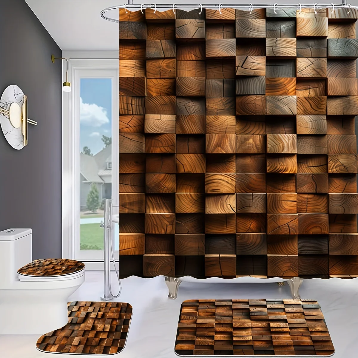 

Wooden Block Wall Print Bathroom Set: Includes 12 Free Hooks, Waterproof Shower Curtain, Non-Slip Bath Mat, Toilet Seat Cover, A