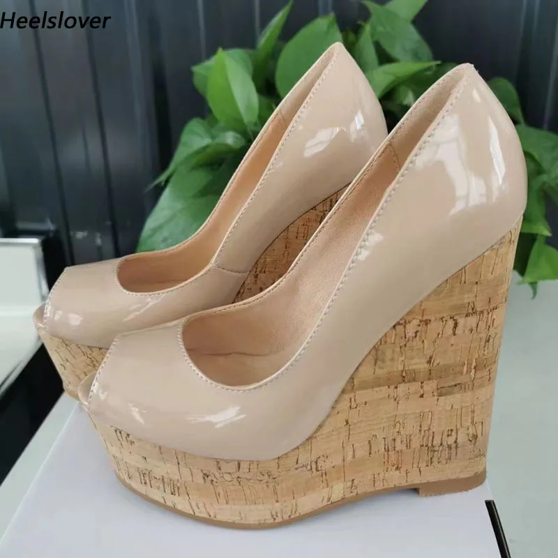 Ahhlsion Real Photos Women Platform Pumps Comfort Wedges Heels Peep Toe Pretty Nude Black Office Lady Shoes US Plus Size 5-20