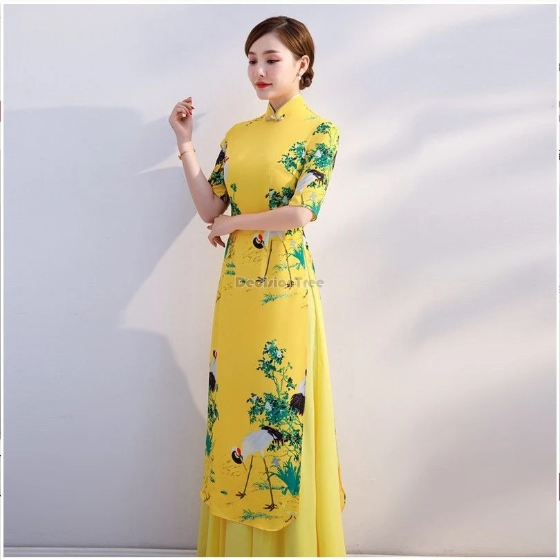 

2024, Вьетнамское платье Cheongsam aodai, женское длинное улучшенное платье Cheongsam с воротником-стойкой и принтом, элегантное вечернее платье qipao b151