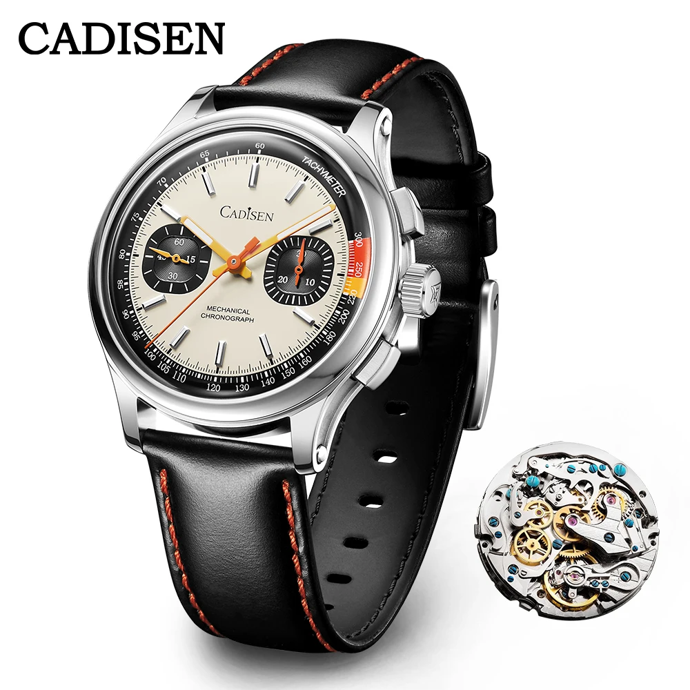 CADISEN New Watch Chronograph Mechanical Wristwatches Seagull ST1900 Swanneck Movement Mens Watch Domed AR Sapphire Crystal Gift