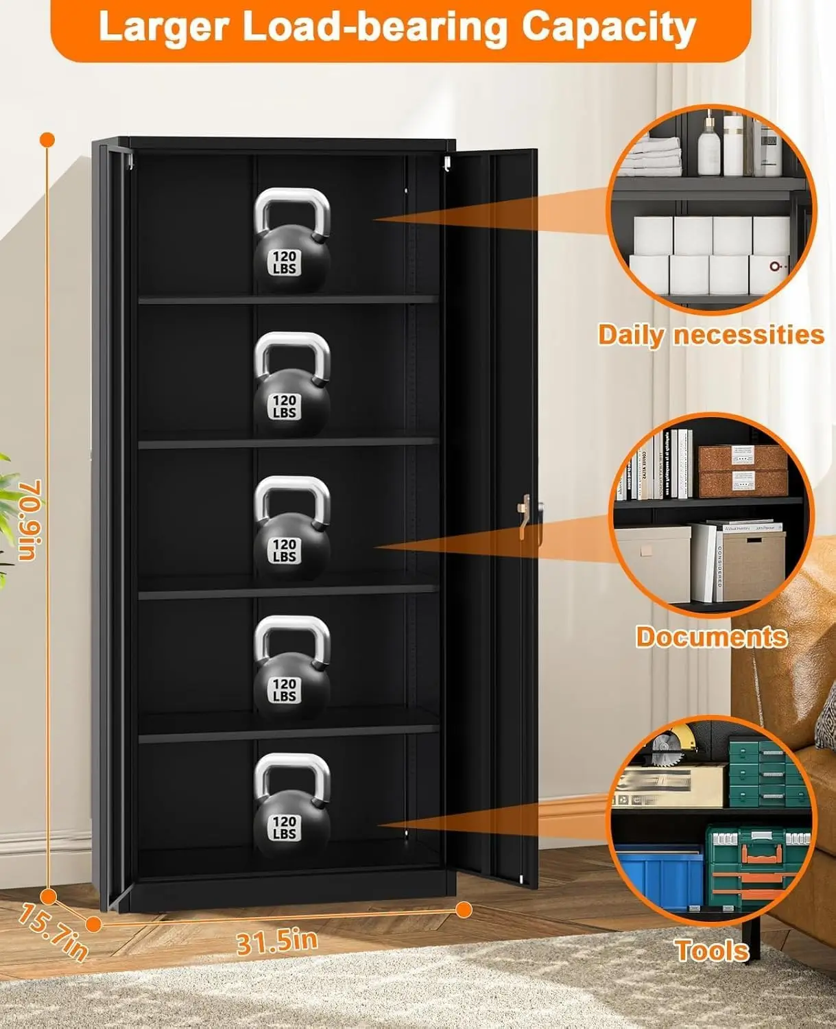 Metal Storage Cabinet with Lock Tool Cabinet Storage Cabinet Floor-to-Ceiling Courtyard Cabinet with 4 Adjustable Shelves and 4 Adjustable Feet for Home, Garage, Office, Shop