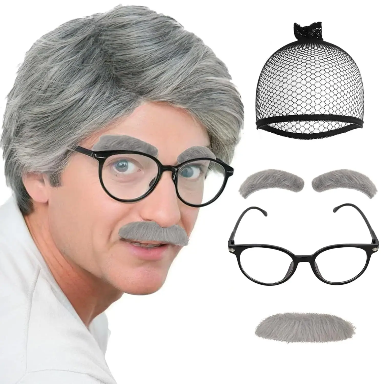 Men Hallowee Cosplay Old Man Wigs Eyebrow Beard Breathable Head Cover Suit Performance Dress Up Grandpa Wig