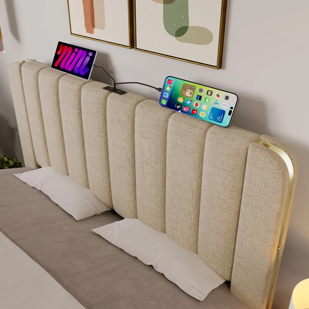 PINGGO Gepolstertes Doppelbett 180x200cm Beige Leinen-Kopfteil Goldene Dekorative Streifen USB Typ-C-Ladefunktion 4 Schubladen Ohne Matratze – Detail 14