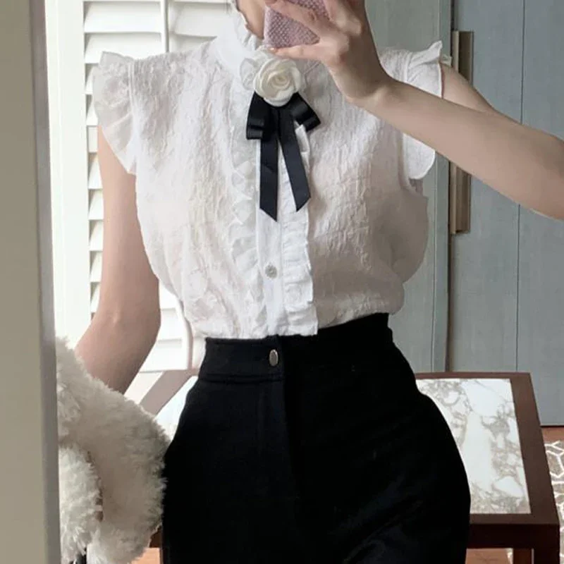 Summer Elegant Aesthetic All Match Sweet Young Style T-shirt Women Short Flying Sleeve Ruffled Neck Solid Color Bow Button Top