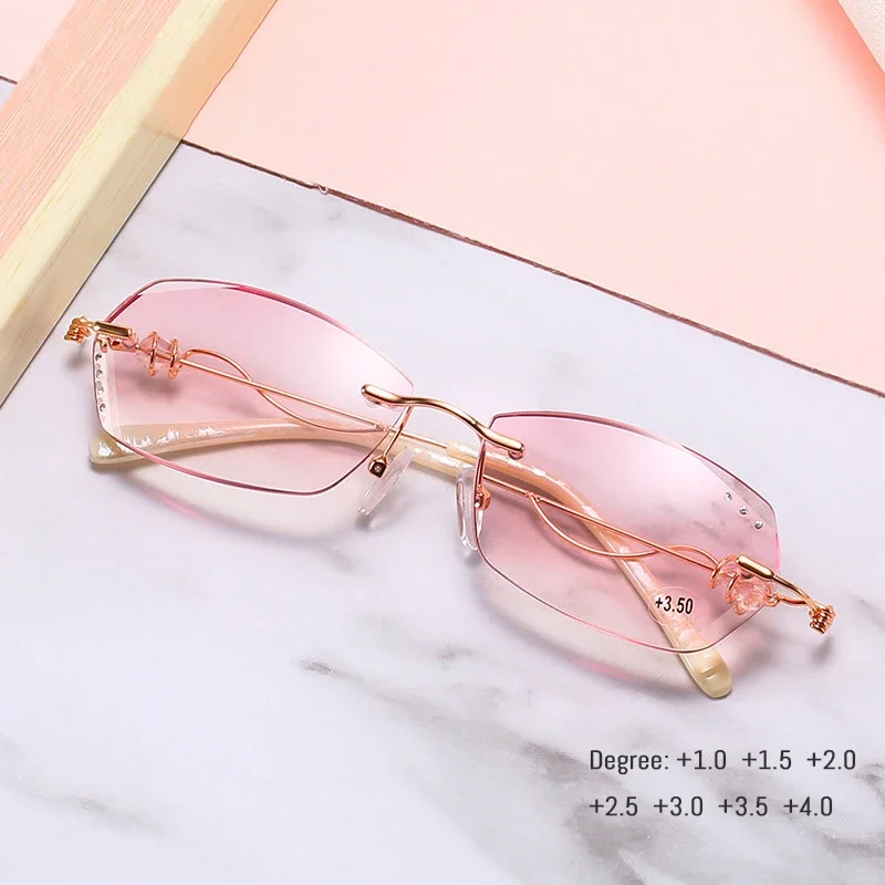 New Diamond Cutting Reading Eyeglasses Alloy Rimless Women Pink Gradient Reading Glasses Woman Rhinestone Metal Anti Blue +3.0