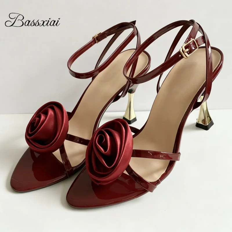 

Claret Silk Back Strap Party Sandals Women Pointed Toe High Heels Sexy Stiletto Heel Handmade Rose Flower Summer Shoes