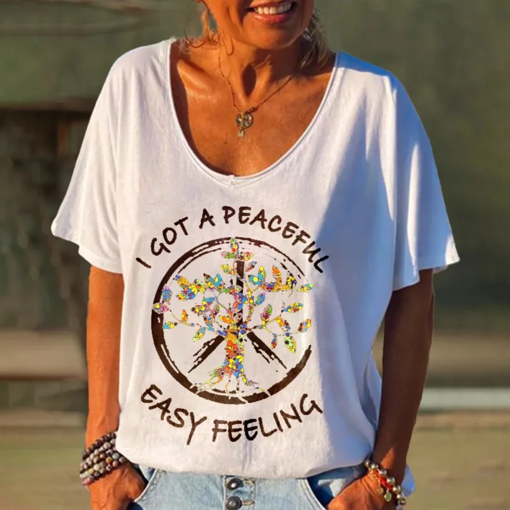 Rheaclots-Camisetas estampadas con estampado "I Got A Peaceful Easy Feeling" para mujer, camiseta Hippie estampada