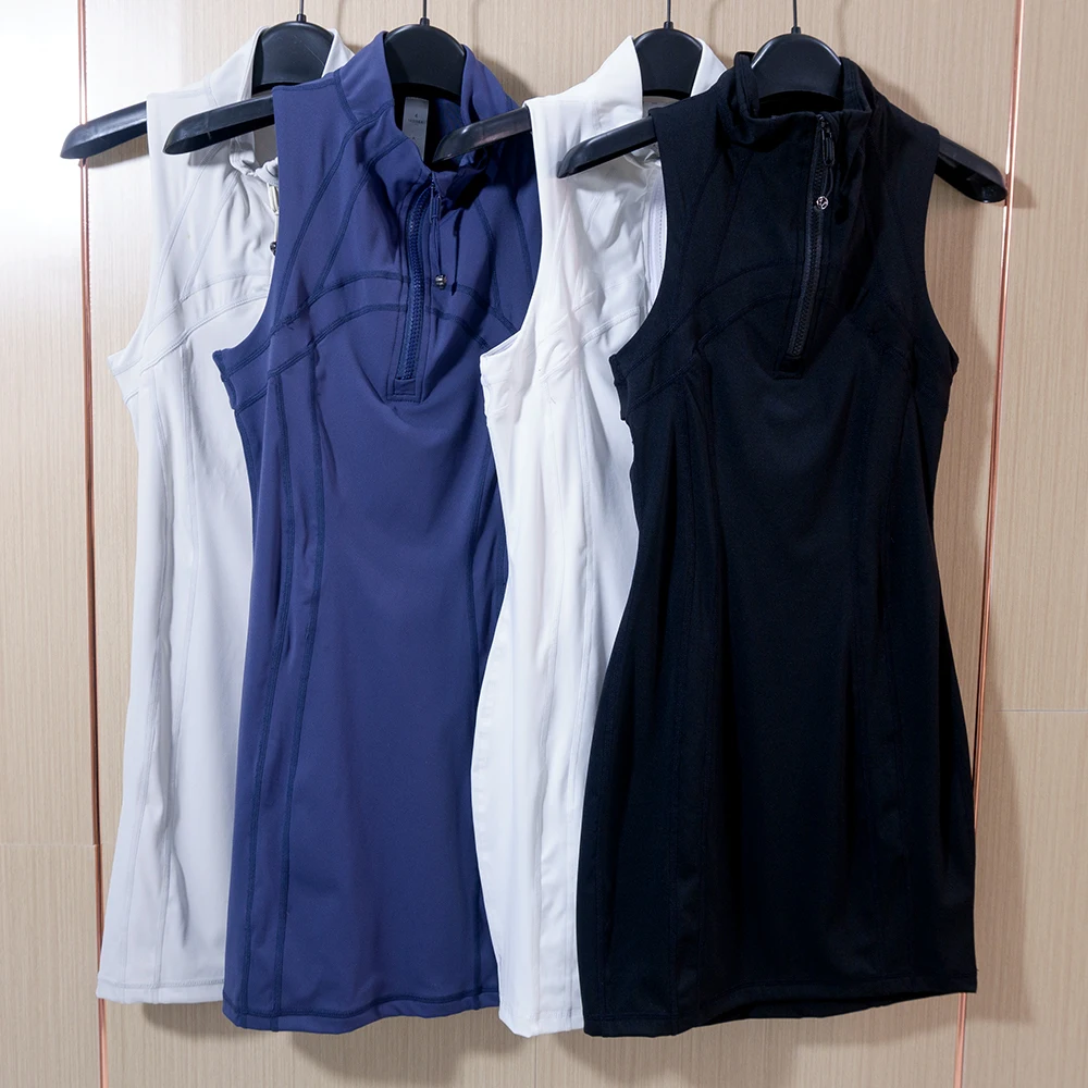 3D Cut Sleeveless Dress Short Skirt Half Zipper High Neck Bodycon Skirt Waist Slim Fit Sports Yoga Sexy