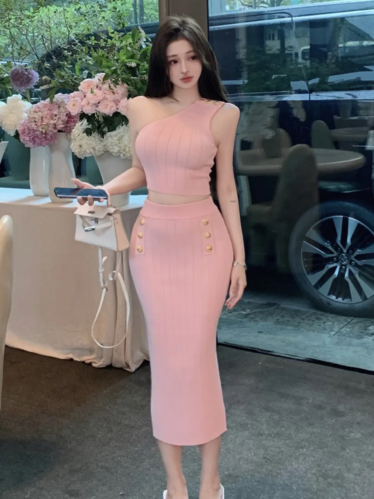 High Quality Fashion Casual Knitted Two Piece Sets Women Outfits Sexy Sweater Crop Top + Long Skirt Suits Sweet 2 Piece Set