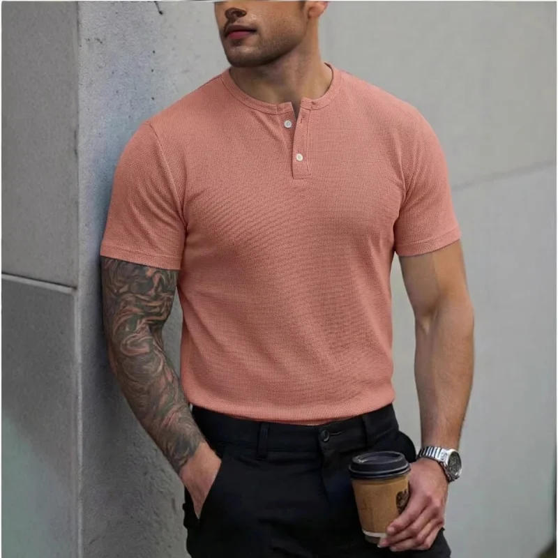Men's polo shirt with Henley collar, short-sleeved T-shirt, summer casual button-down placket street style base layer, S-3XL.