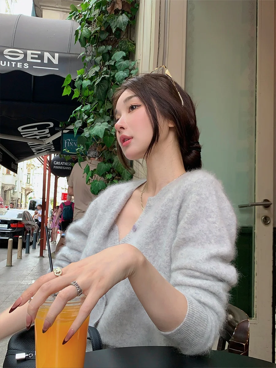 

Achi ey Camere Knitted Open Cardigan Women's Lazy Single Button Wool Sweater Jaet Loose Fit Soft Wool Blend Long Sve