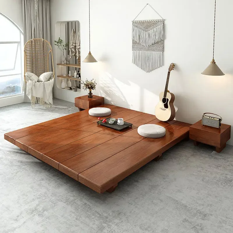 Solid wood bed, simple modern double low bed, Japanese tatami bed, Nordic single log B&B, floor bed